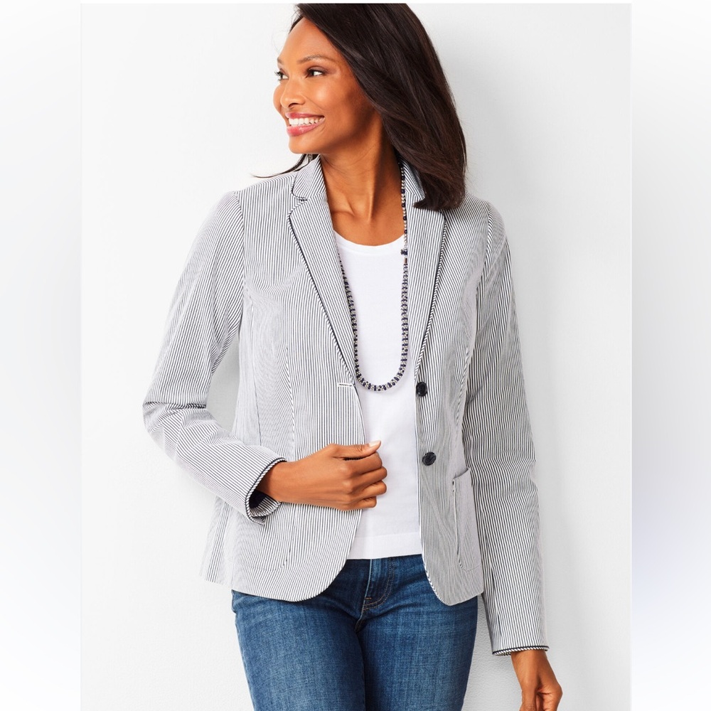 Talbots Navy and White Pin Striped Blazer with Navy Piping Detail
